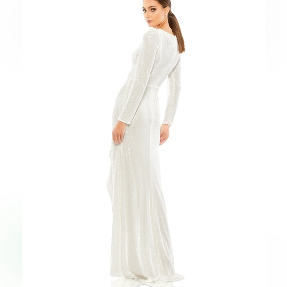 Mac Duggal Faux Wrap Long Sleeve Sequin Gown in White - Picture 3 of 11
